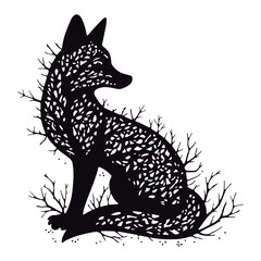 Obraz premium Cute silhouette fox branches black vector illustration 