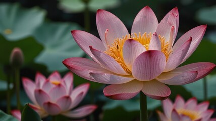 Fototapeta premium Pink lotus flowers blooming in a pond. (2)