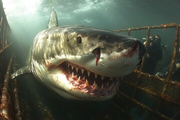 Giant shark swims near divers in underwater cage during thrilling ocean adventure