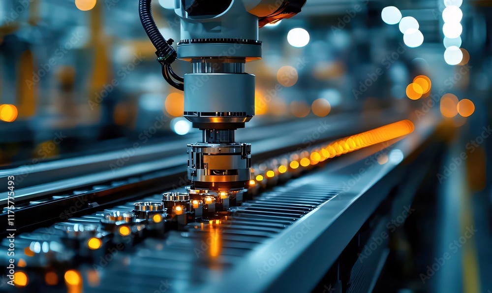 Poster robotic arm assembling parts on a factory production line.