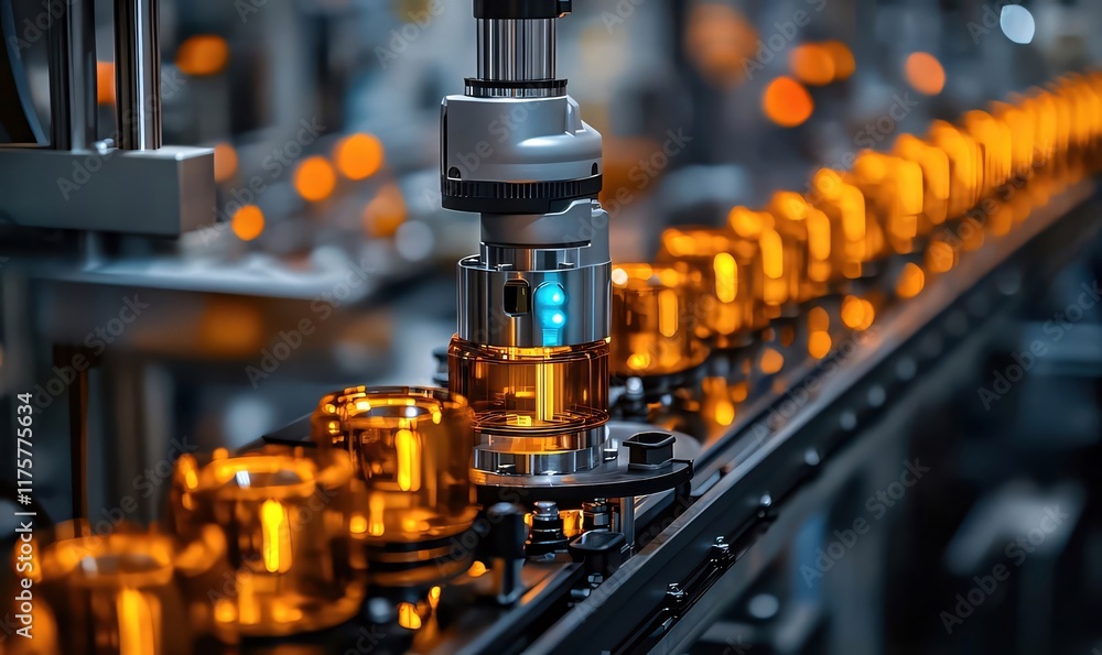 Poster automated robotic arm inspecting amber containers on a production line.