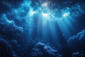 Fototapeta premium Sweeping view of a cosmic landscape with rays of light illuminating the dark expanse of space