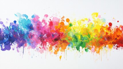 Fototapeta premium Vibrant rainbow paint splatters and drips on white background.