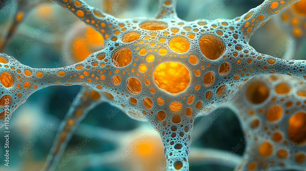 Poster abstract technology background blends vibrant textures resembling mycelium mold and neurons, creatin