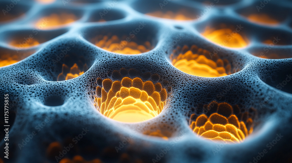 Poster abstract technology background blends vibrant textures resembling mycelium mold and neurons, creatin
