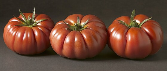 Three ripe heirloom tomatoes, dark background, food photography
