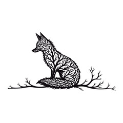Cute silhouette fox branches black vector illustration
