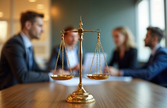 Business people meet with legal advisor in office. Legal consultation on business law issues. Entrepreneurs discuss business matters with lawyer. Focus on legal advice, guidance for startups. Experts