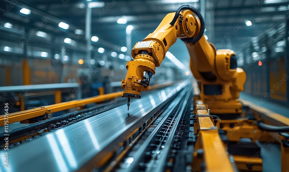Poster robotic arm precisely processing metal on assembly line in factory.