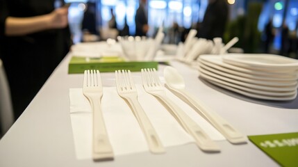 Elegant Table Setting with Eco-Friendly Disposable Cutlery, Forks, Plates, and Napkins Prepared for a Modern Event or Gathering in a Chic Venue