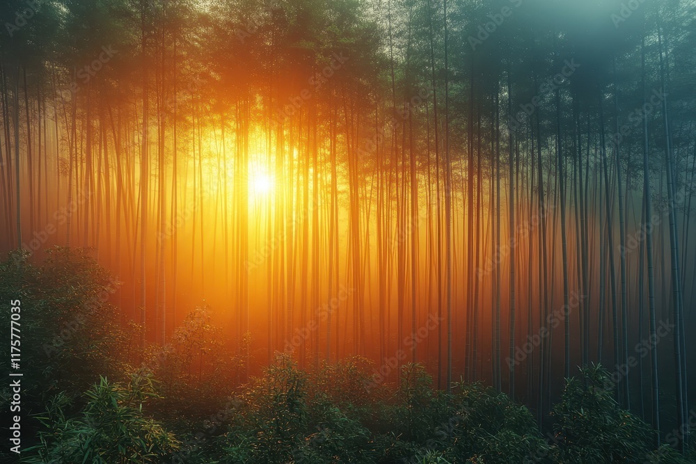 Poster sunlight filters through a misty bamboo forest at dawn, creating a serene and magical atmosphere in 