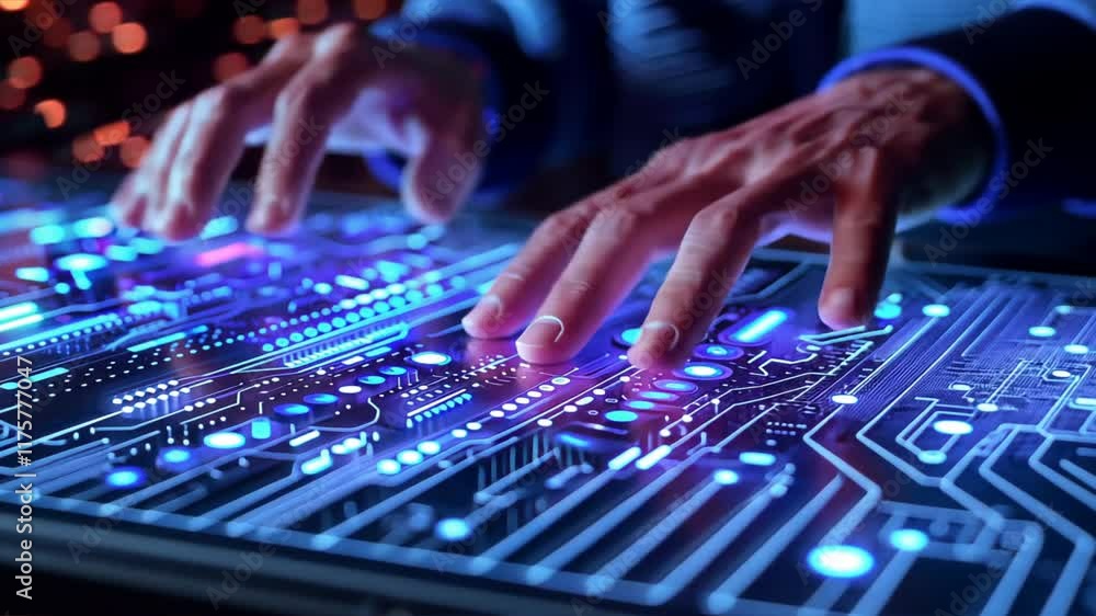 Aufkleber futuristic hands engaging with glowing digital interface, showcasing advanced technology and circuit