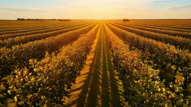 Golden sunset illuminating lush hazelnut orchard rows