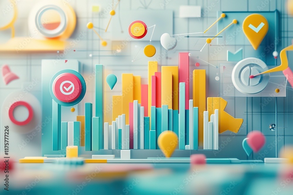 Poster colorful 3d data visualization charts and graphs.