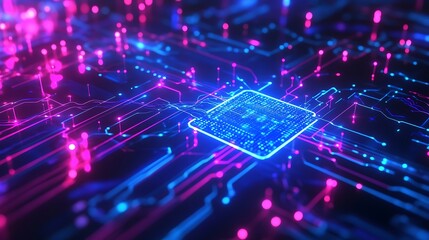 Fototapeta premium Neon Circuit Board Shows Central Processing Unit