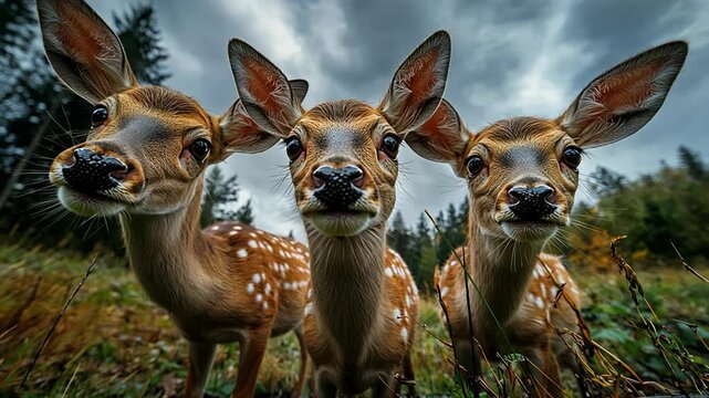 Three juvenile roe deer comically extend their muzzles towards the lens, showcasing their curious expressions amid the vibrant green forest. Their playful attitude adds charm to the moment.
