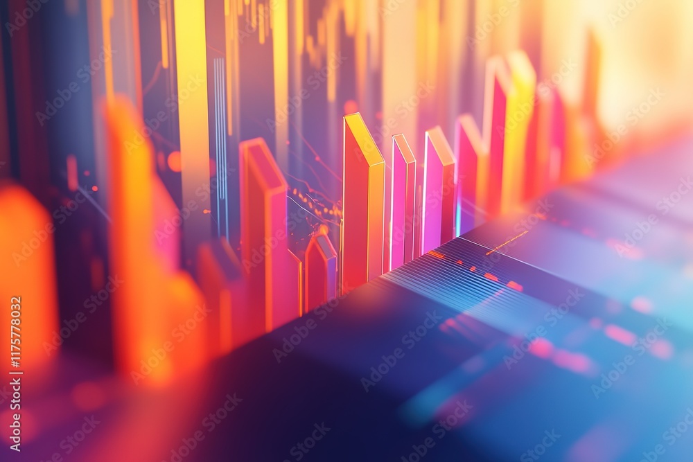 Poster abstract 3d data visualization with vibrant color gradients and dynamic bar chart elements.