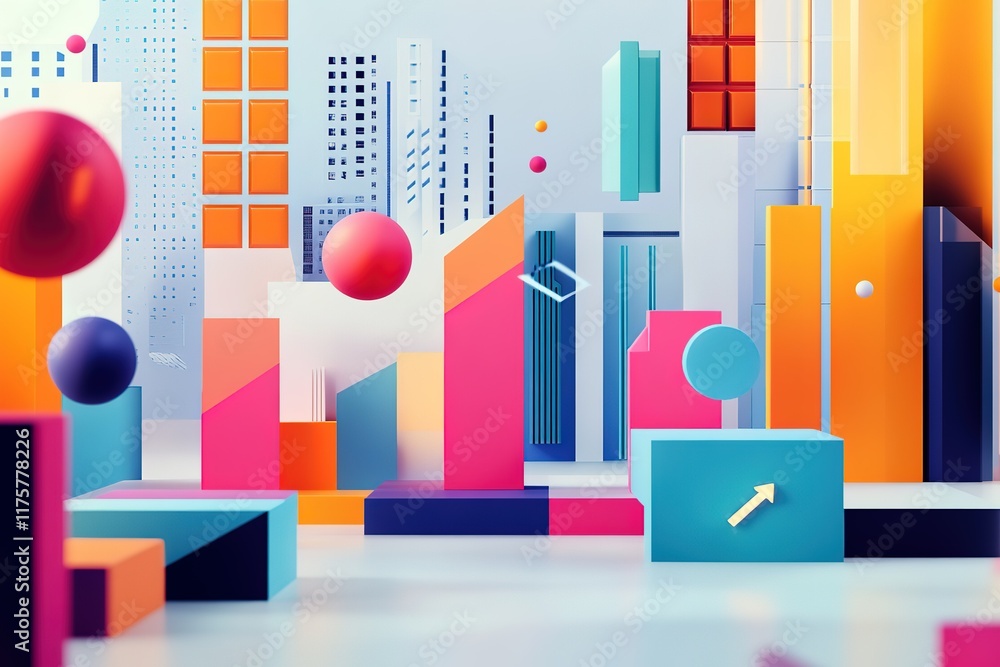 Poster abstract colorful 3d cityscape with floating spheres and geometric shapes.