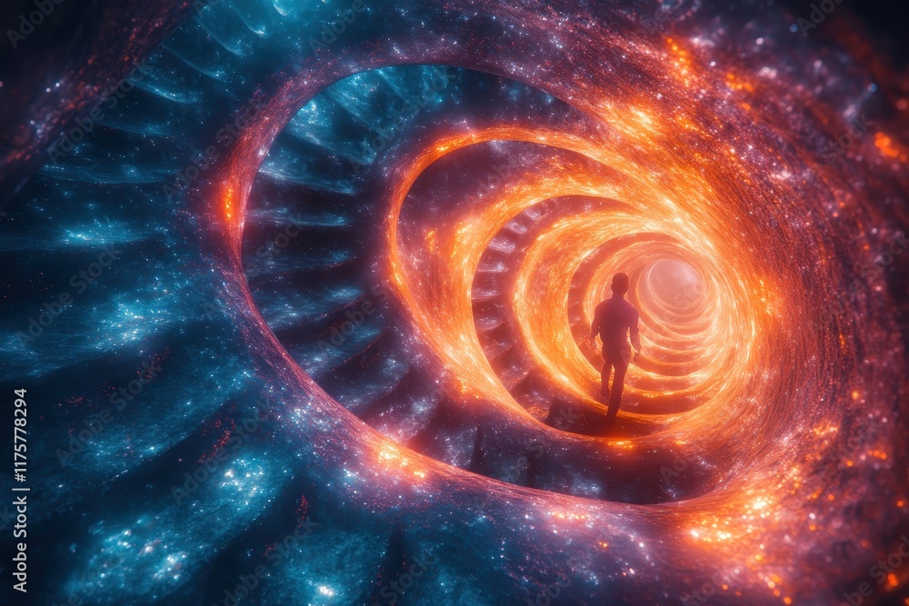 Poster exploring a surreal spiral tunnel of light and stars in a cosmic journey through space and time