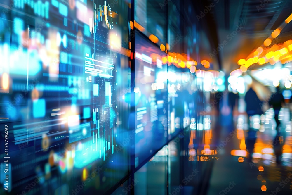 Poster digital data streams on large screens in a modern setting.