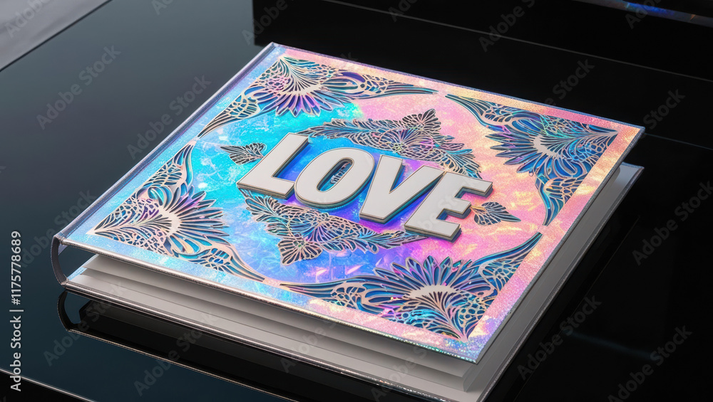 Poster conceptual image of love scrapbook with vibrant holographic patterns and intricate designs on reflec