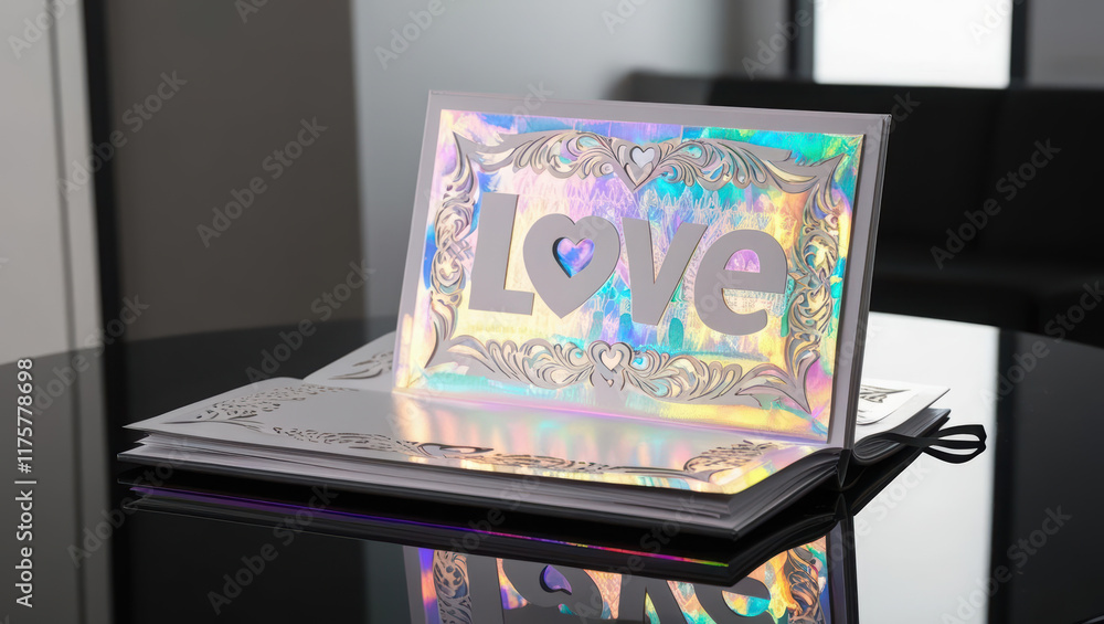 Poster conceptual image of love scrapbook with holographic patterns and intricate designs on reflective sur