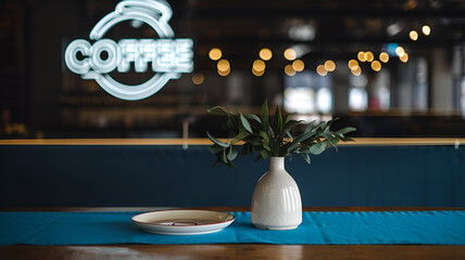 A close-up shot of a wooden table with a blurred bokeh background, featuring attracting neon lights and a dark interior setting, creating a night view ambiance