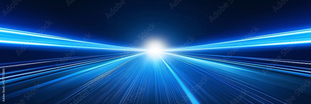 Poster abstract blue light trails converging at a bright point, simulating high-speed movement.