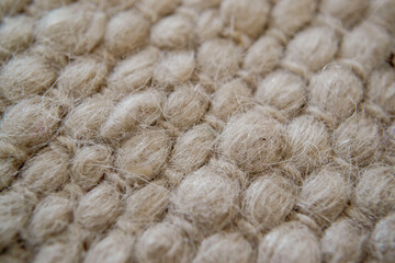 Folk handcraft wool knitted beige carpet, Ukrainian ethnic handmade rug