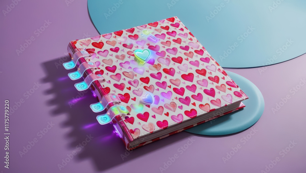 Poster vibrant heart patterned scrapbook with glowing tabs and digital animations, placed on gradient surfa