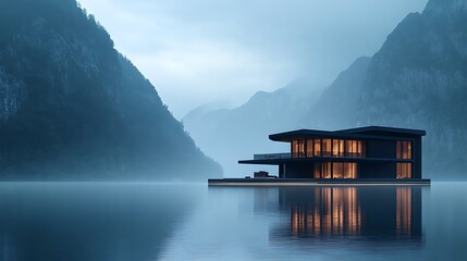 Modern architectural retreat overlooking serene mountain lake