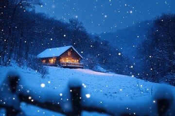 Fototapeta premium Cozy wooden cabin illuminated at night during snowfall in a serene winter landscape