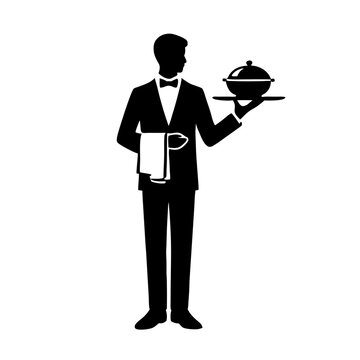 recommend clip art: Professional waiter serving food on a tray silhouette with elegant attire on clear background