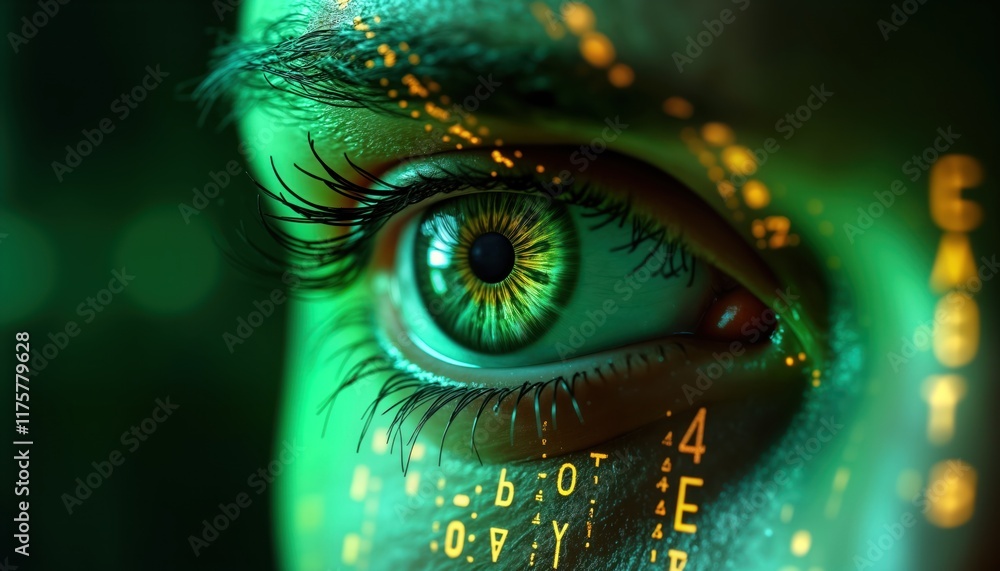 Aufkleber close-up human eye with digital data overlay on green tech background. futuristic design suggests cy