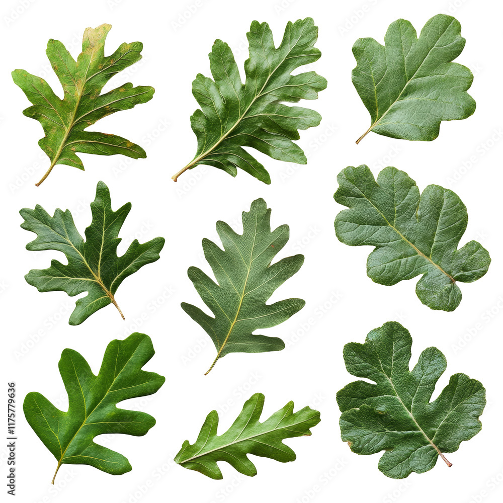 Poster a collection of oak leaves arranged on a transparent background showcasing their unique shapes and t