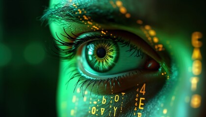 Close-up human eye with digital data overlay on green tech background. Futuristic design suggests cyber security concept. Eye scans digital code pattern. Biometric tech, future trends in data