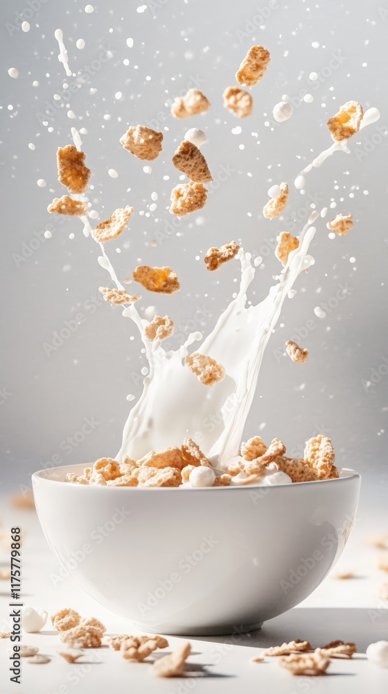 Poster Whole grain cereal flakes are splashing into a white bowl filled with milk, creating a dynamic and appetizing scene against a light grey background
