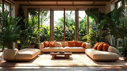 Fototapeta premium Relaxing living room with lush greenery modern design indoor cozy