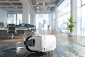 VR headset on a desk in modern office.