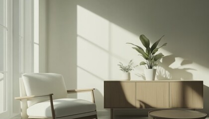 Sunlit minimalist living room with armchair, side table, and plants.
