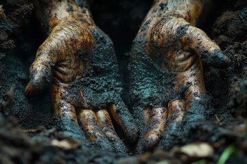 Hands covered in soil reveal the connection between humans and nature during gardening in a vibrant outdoor setting