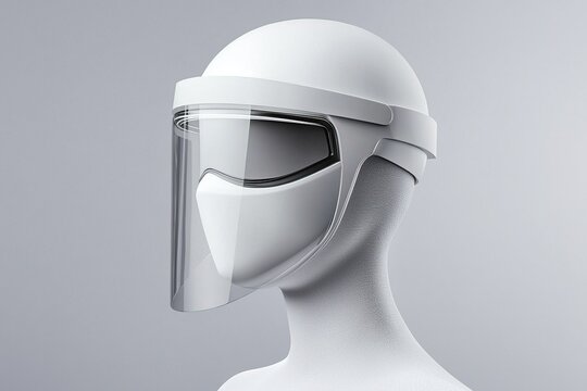 A modern white helmet with a transparent face shield designed for protection, showcasing a sleek and innovative design.