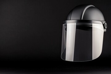 A black safety helmet with a clear face shield floats against a dark background, emphasizing its protective design and functionality.