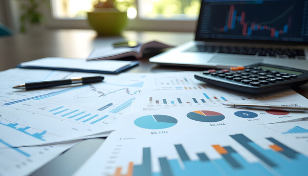  Financial Instruments: Pictures of various financial tools such as stock charts, calculators, papers with calculations and a laptop with open financial software on the table.
