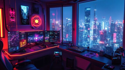 Futuristic gaming setup urban skyline digital art night aesthetic