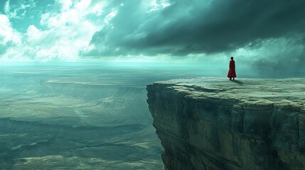 Woman in red dress on clifftop, vast canyon, stormy sky, fantasy landscape, film poster