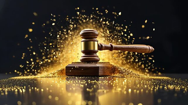 Golden Judge's Gavel with Sparkling Glittering Light Particles on a Reflective Black Background

