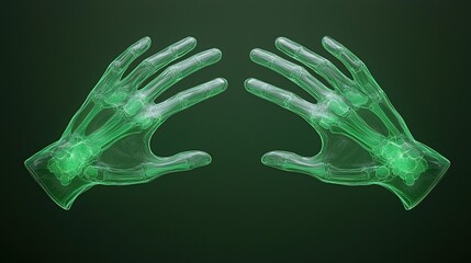 A pair of neon green, translucent hands is displayed against a dark background, showcasing intricate details of their structure.