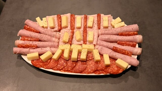 Cheese, salami and sujuk served on a plate. 