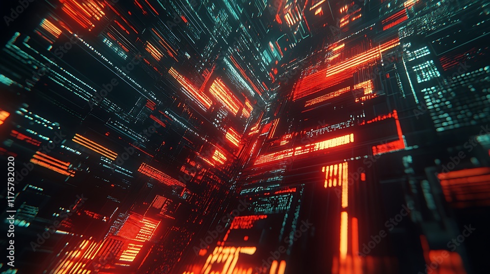 Poster abstract digital data stream visualization red and teal